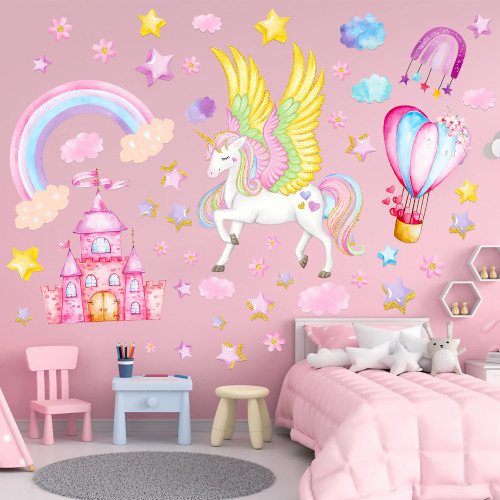 Unicorn Wall Decals for Girls Bedroom ,Unicorn Wall Stickers with Rainbow, Unicorn Room Decor for Girls Bedroom Kids Playroom Nursery Decoration