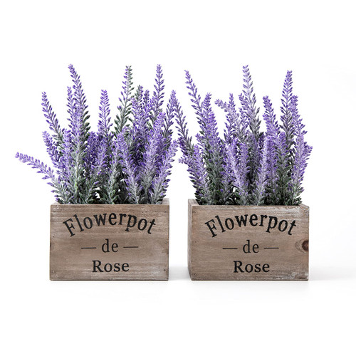 Velener 2Pcs Purple Faux Lavender Flowers with Small Wooden Box Plant Pot 5"- Farmhouse Artificial Plants for Home Decor Indoor, Small Fake Plants Small Desk Decorations Bedroom Porch Kitchen Counter