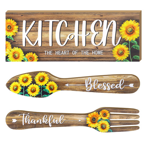 Yerliker 3 Pieces Large Sunflower Kitchen Wall Decor 16 x 6 Inch Summer Thankful Grateful Blessed Wooden Signs Fork and Spoon Kitchen Decorations Farmhouse Rustic Brown Wall Art for Home Kitchen