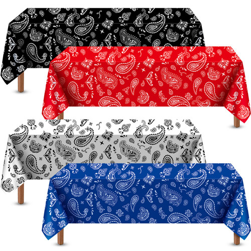4 Pack Western Party Tablecloth Paisley Bandana Table Cover Plastic Rectangle Tablecloth for Western Cowboy Party Themed Party Decorations, 54 x 108 Inch (White, Black, Red, Blue) 4 Pack Western Party Tablecloth Paisley Bandana Table Cover Plastic Rectangle Tablecloth for Western Cowboy Party Themed Party Decorations, 54 x 108 Inch (White, Black, Red, Blue)