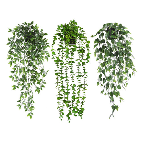 JPSOR 3pcs Fake Hanging Plants, Artificial Hanging Plants Kit, Potted Greenery Faux Eucalyptus Vine Golden Pothos Mandala Vine in Black Pot for Wall Room Patio Office Table Decor JPSOR 3pcs Fake Hanging Plants, Artificial Hanging Plants Kit, Potted Greenery Faux Eucalyptus Vine Golden Pothos Mandala Vine in Black Pot for Wall Room Patio Office Table Decor