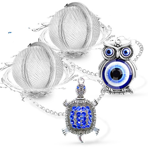 NSTaygate Tea Diffusers for Loose Tea 2 Sets Tea Infuser Tea Steeper for Loose Tea Tea Ball Tea Holder Tea Infusers for Loose Tea with BLUE Owl Turtle Lucky Evil Eye Charm Pendant