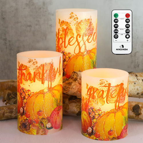 PETRISTRIKE Fall Decor Flameless Candles, Autumn Harvest Maple Leaf Pumpkin Led Candles, Battery Candle with Remote & Timer, Realistic Pillar Candle for Thanksgiving Decorations, Halloween, Party