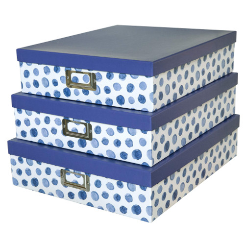 Soul & Lane Blue Spots Decorative Storage Boxes with Lids - Set of 3, Memory Boxes for Keepsakes, Nesting Cardboard Document Boxes for Organizing, Paper Letter Storage for Photos and Scrapbook