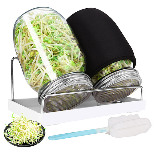 Sprouting Jar Kit, 32 OZ 2 Large Wide Mouth Mason Jars with Sprout Lids, Premium Screen Lids, Blackout Sleeves, Tray and Sprouter Stand - Sprouting Kit for Growing Broccoli, Mung Bean, Alfalfa