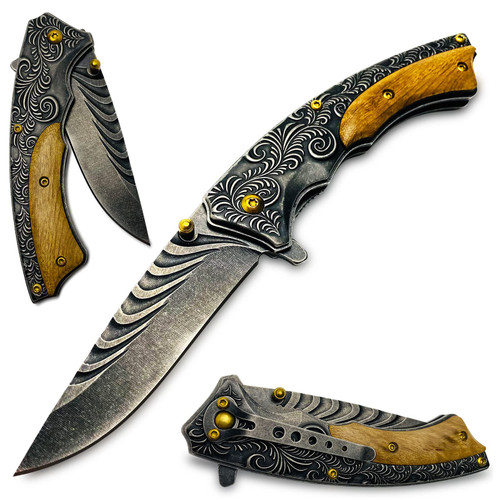 NAXFUSS Folding Tactical Knife with Patterned Handle, EDC Knife Cool Pocket Knives for Survival, Camping, Self Defense, Gifts for Men, Dad