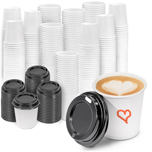 [100 Pack] 4 Oz Disposable Paper Coffee Cups with Black Lids, Espresso Paper Cups with Lids, To Go Coffee Cups for Hot and Cold Beverage, On the Go Cups for Espresso, Hot Chocolate, Cortado, Macchiato