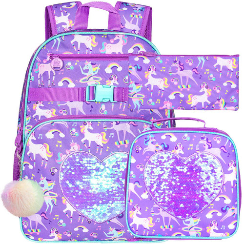 FTJCF 3PCS Unicorn Backpack, 16" Kids Sequins Bookbag for Girls with Lunch Box, Elementary Preschool Kindergarten School Bag Set - Purple