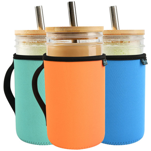Beautyflier 24oz Mason Jars Drinking Glasses Neoprene Cover, Regular Mouth Mason Jar Neoprene Sleeve, 24oz Wide Mouth Mason Jars Insulators with Handle