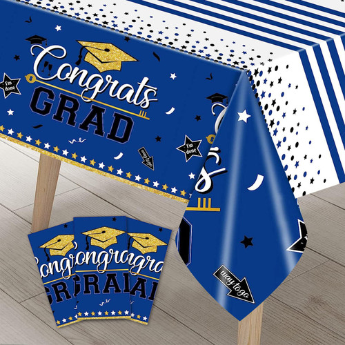 Yexyep Graduation Decorations Class of 2023 - Graduation Tablecloth, 3 pcs Plastic Disposable Congrats Grad Tablecover, 54"x108" (Blue&Gold)