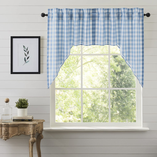 VHC Brands Annie Blue Buffalo Check Farmhouse Swag Kitchen Curtain Set 36x36x16