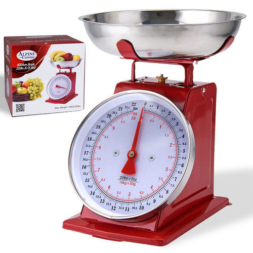 Alpine Cuisine Analog Kitchen Scale Red - Mechanical Kitchen Weighing Food Scale Weighs Up to 22 Lbs, Analog Food Scale for Kitchen - Measures in Grams and Ounces - Food Weight Scale