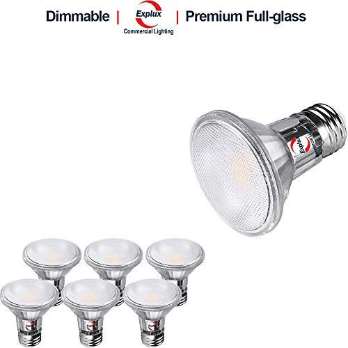 Explux Premium Full-Glass LED PAR20 Flood Light Bulbs, Dimmable, 2700K, Indoor/Outdoor, 6W (50W Equivalent), 6-Pack