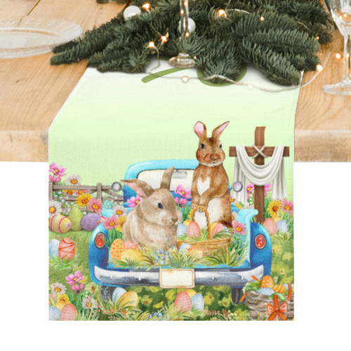Easter Table Runner, Bunny Easter Runner for Table Burlap Blue Truck with Flowers Eggs Easter Decorations for The Home Indoor Outdoor Party Decor (Easter Bunny, 13 x 72 inch)