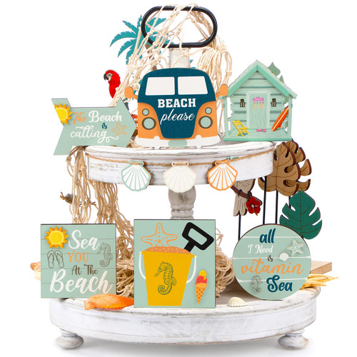 7 Pieces Summer Tiered Tray Decor Set Summer Wood Sign Rustic Farmhouse Decor Wooden Kitchen Tiered Tray Sign Decorative Trays Signs for Summer Home Kitchen Table Shelf(Beach Style)