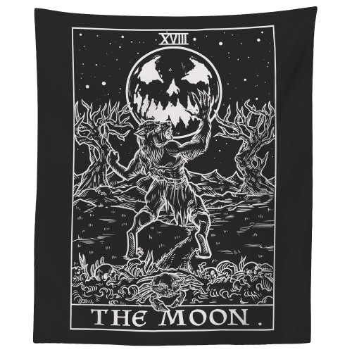 The Moon Tarot Card Tapestry (Black & White) - Werewolf - Gothic Halloween Home Decor Wall Hanging (60" x 50")