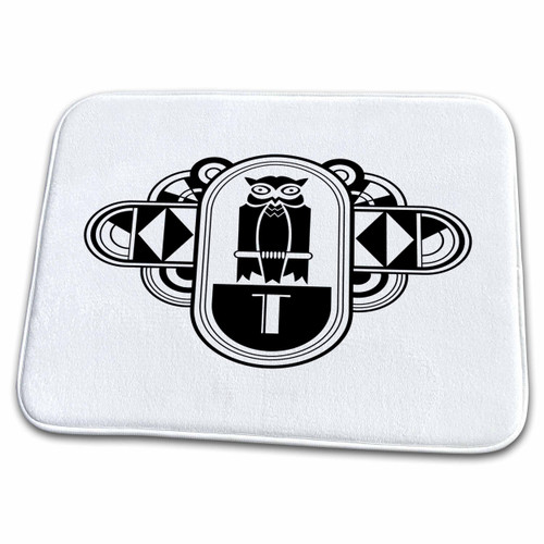 3dRose Art Deco Owl Monogram Letter T- Black on White - Dish Drying Mats (ddm-241249-1)