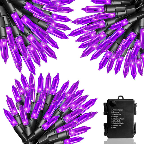 TURNMEON [3 Pack & Timer & 8 Modes] Halloween Mini String Lights, Total 150 LED 50Ft Battery Operated Waterproof Halloween Tree Lights Decorations Indoor Outdoor Yard, 50 LED 16.4Ft Each (Purple)