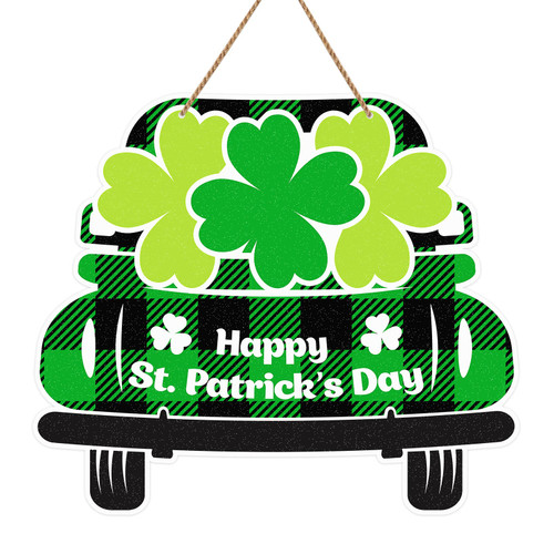 WhatSign St Patricks Day Door Decorations Signs Shamrock Lucky Clover Truck Happy St. Patrick's Day Door Wreath Hanger Signs for Home Front Door Wall Proch Irish Saint Patrick's Day Party Decorations