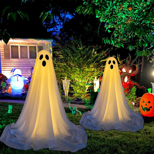DAZONGE 2 Pack Halloween Decorations Outdoor, Spooky Ghost Halloween Decor with Light Strings Battery Operated, Easy to Assemble Ghost Decorations for Front Porch Yard