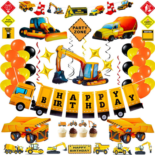 Construction Birthday Party Supplies Set Construction Party Decorations Kits Dump Truck Party Pack for Kids with Dump Truck Balloon Excavator Balloon Bulldozer Balloon Concrete Mixer Balloon for Boys Birthday Party Decorations