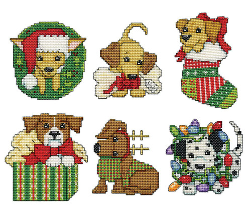 Design Works Crafts Christmas Puppies Counted Cross Stitch Ornament Kit, White