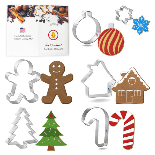 Gingerbread House Cookie Cutters Set, Christmas, Man, Tree, Candy Cane, Ball, Foose, USA, 6 Piece