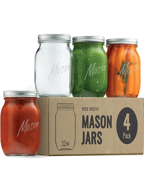 Mason Jars - Food Storage Container - 4-Pack - Airtight Container for Pickling, Canning, Candles, Home Decor, Overnight Oats, Fruit Preserves, Jam or Jelly