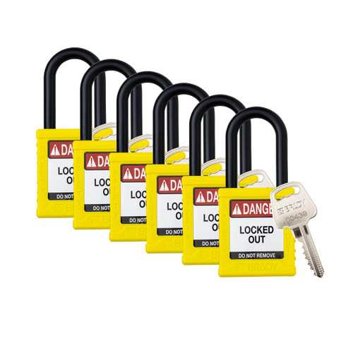 Brady Safety Lockout Padlock Sets - 6 Pack - Yellow - Keyed Different Safety Lockout Padlocks - 1 Key Per Lock - SDPL-YLW-38PL-KD6