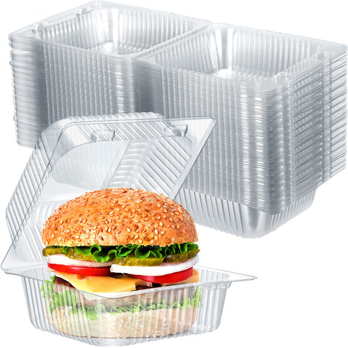 Clear Plastic Food Clamshell Container, 5 x 5 Take out Containers Disposable Hinged Food Cake Boxes Containers with Lids for Dessert, Cakes, Cookies, Salads, Hamburger, Sandwiches (150 Pcs)