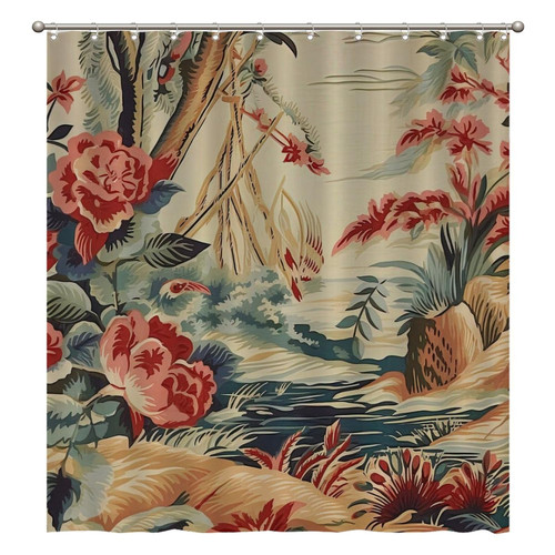 Shower Curtain Chinoiserie Red Floral Bird Fabric Shower Curtain Liner Waterproof Bathtubs Decor with Hooks for Bathroom Decoration Bathroom Curtains 72x80 Inch