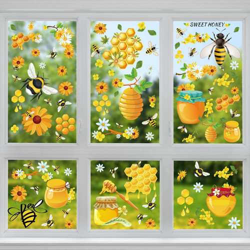 90 Pieces Bee Window Clings Honey Bee Window Decals Spring Summer Bee Window Stickers Flower Honeypot Bees Static Clings Removable Honeycomb Bee Window Decor for Home Party Supply