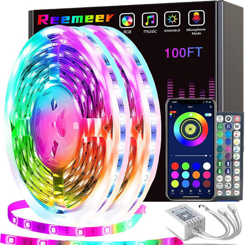 REEMEER Led Lights 100ft(2 Rolls of 50ft) Smart APP Control Music Sync Led Strip Lights RGB Color Changing Led Lights Strips with Remote Led Lights for Bedroom Kitchen and Party REEMEER Led Lights 100ft(2 Rolls of 50ft) Smart APP Control Music Sync Led Strip Lights RGB Color Changing Led Lights Strips with Remote Led Lights for Bedroom Kitchen and Party