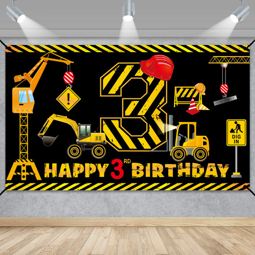 Construction 3rd Birthday Banner Decorations for Boys Kids, Dump Truck Construction Theme Three Birthday Backdrop Party Supplies, Excavator Crane Digger Three Year Old Poster Sign Decor