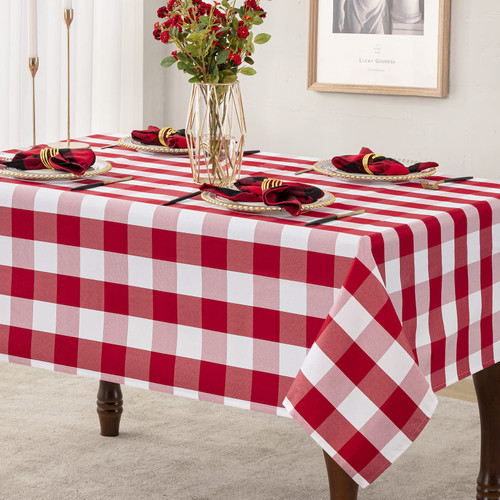 Buffalo Check Tablecloth Wrinkle Resistant Waterproof Table Cloth, Heavy Weight Plaid Washable Polyester Fabric Table Cover for Outdoor Picnic, Dinner and Party, Red and White, 60 x 120 Inch