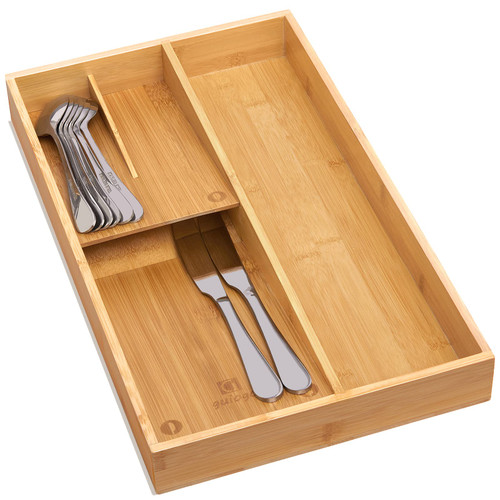 guiogc Bamboo silverware tray organizer, Utensil Holder and Cutlery Tray for Drawer, Kitchen Drawer Organizer Divider for Spoons Forks Knives