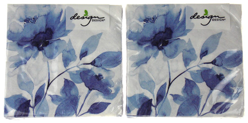 Blue and White Watercolor Floral Beverage Cocktail Napkins Bundle - 5x5 Inch Square - 2 Packages (40 Napkins Total)
