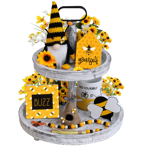 Bee Decorations, Spring Farmhouse Honey bee Tiered Tray Decor,Bumble Bee Gnome Plush,3X Bee Wood Sign, Mini Bee Hive, Wood Bead Garland,Rustic Farmhouse Kitchen Table Bee Decor