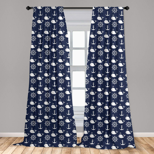 Ambesonne Navy Blue Curtains, Maritime Pattern with Whales Helms Anchors Nautical Elements Deep Sea Life, Window Treatments 2 Panel Set for Living Room Bedroom, Pair of - 28" x 95", Night Blue