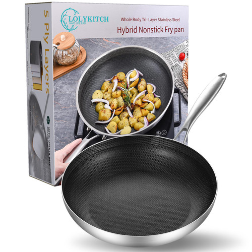 LOLYKITCH 8 Inch Tri-ply Hybrid Stainless Steel Non-stick Frying Pan,Induction pan,Skillet,Chef's Pan,Small Egg Pan,Oven and Dishwasher Safe.