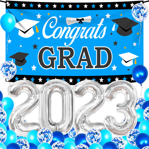 KatchOn, Blue 2023 Balloons and Graduation Banners - Large, Pack of 30 | Congrats Grad Banner | Blue and Silver Graduation Decorations 2023 | Graduation Backdrop, Graduation Decorations Class of 2023