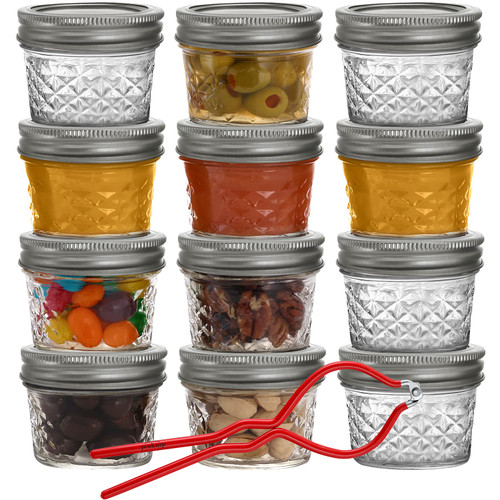 Peaknip Regular Mouth Mason Jars 4 oz. (12 Pack) - Quilted Crystal Jelly Jars with Airtight Lids and Bands for Canning, Fermenting, Pickling, Meal Prep, or DIY Decors and Projects Bundled Jar Opener