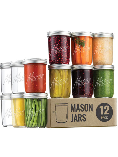 Mason Jars - Food Storage Container - 12-Pack Wide Mouth Glass Jars- Airtight Container for Pickling, Canning, Candles, Home Decor, Overnight Oats, Fruit Preserves, Jam or Jelly