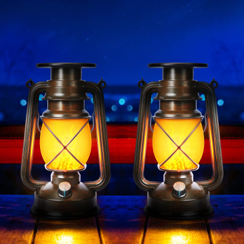 Toodour 2 Pack Hanging Solar Lantern Outdoor - Solar Vintage Lantern with Flickering Flame, 2 Modes Waterproof Solar Hanging Lights for Camping, Patio, Deck, Yard, Path