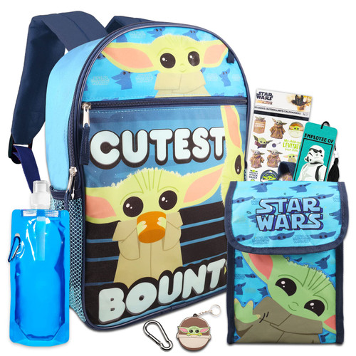 Baby Yoda Backpack with Lunch Box Set - Bundle with Baby Yoda Backpack, Baby Yoda Lunch Bag, Water Bottle, Stickers, Keychain, More | Star Wars Backpack for Boys