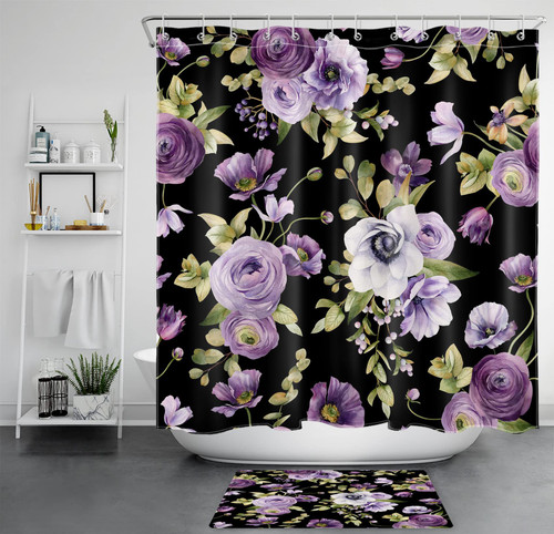 Watercolor Rose Floral Shower Curtain Sets with Rugs Purple Flower and Green Eucalyptus Leaf on Black Fabric Shower Curtain with Hooks Rustic Nature Plant Bathroom Curtains Shower Set, 72x72 inches