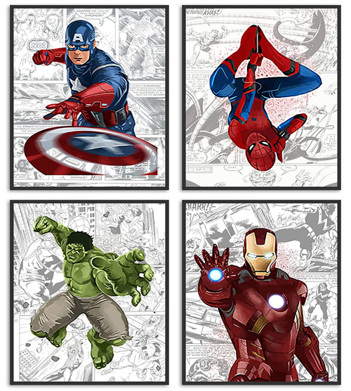 HT LIFE Superhero Posters Boys Wall Decor Poster Prints Set of 4 Unframed (8''x10'') Superheros Watercolor Poster Superhero Room Decor For Boys Avengers Superheroes Wall Decor Posters for Boys Room