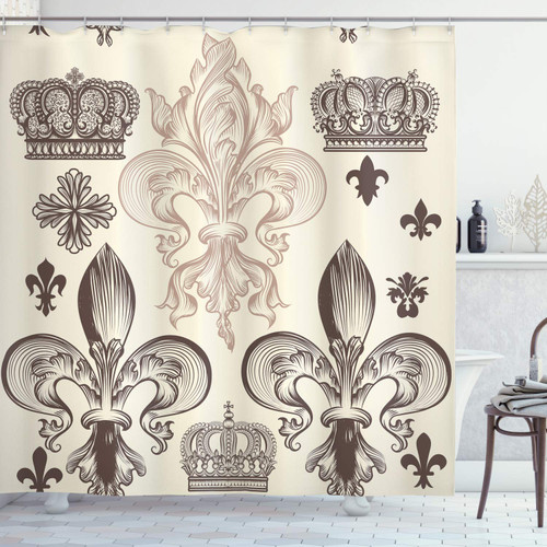 Ambesonne Fleur De Lis Shower Curtain, Heraldic Pattern with Fleur-de-Lis and Crowns Tiara Coat of Arms Knight, Cloth Fabric Bathroom Decor Set with Hooks, 69" W x 84" L, Beige Taupe