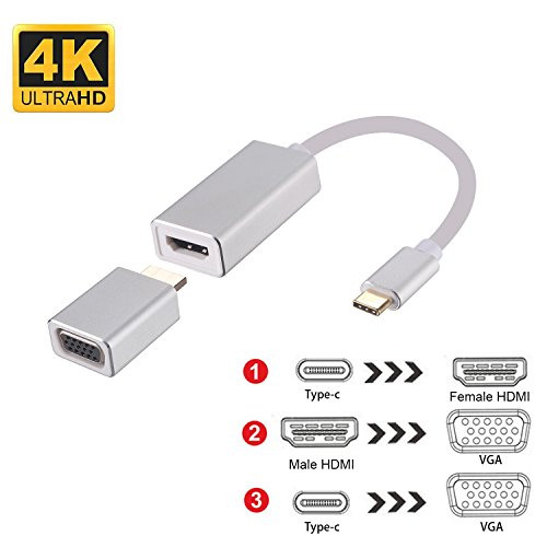 USB C to HDMI VGA Adapter, 3 in 1 USB 3.1 Type C to HDMI 4K,HDMI to VGA Cable Thunderbolt 3 Compatible MacBook Pro 2017, Samsung Galaxy S8,ChromeBook Pixel Male to Female-Aluminium