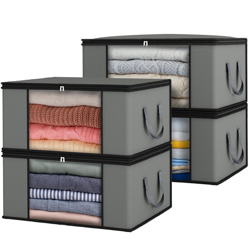 Fixwal Clothes Storage 4 Pack 48L Storage Containers Grey Foldable Blanket Storage Bags for Organizing Clothing Bedroom Comforter Closet Dorm Sweater Quilts Organizer